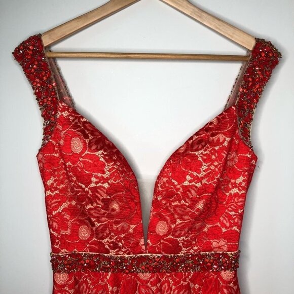 Fengye Loman Red Beaded Lace Floor Length  Prom Dress 8 - Picture 3 of 12